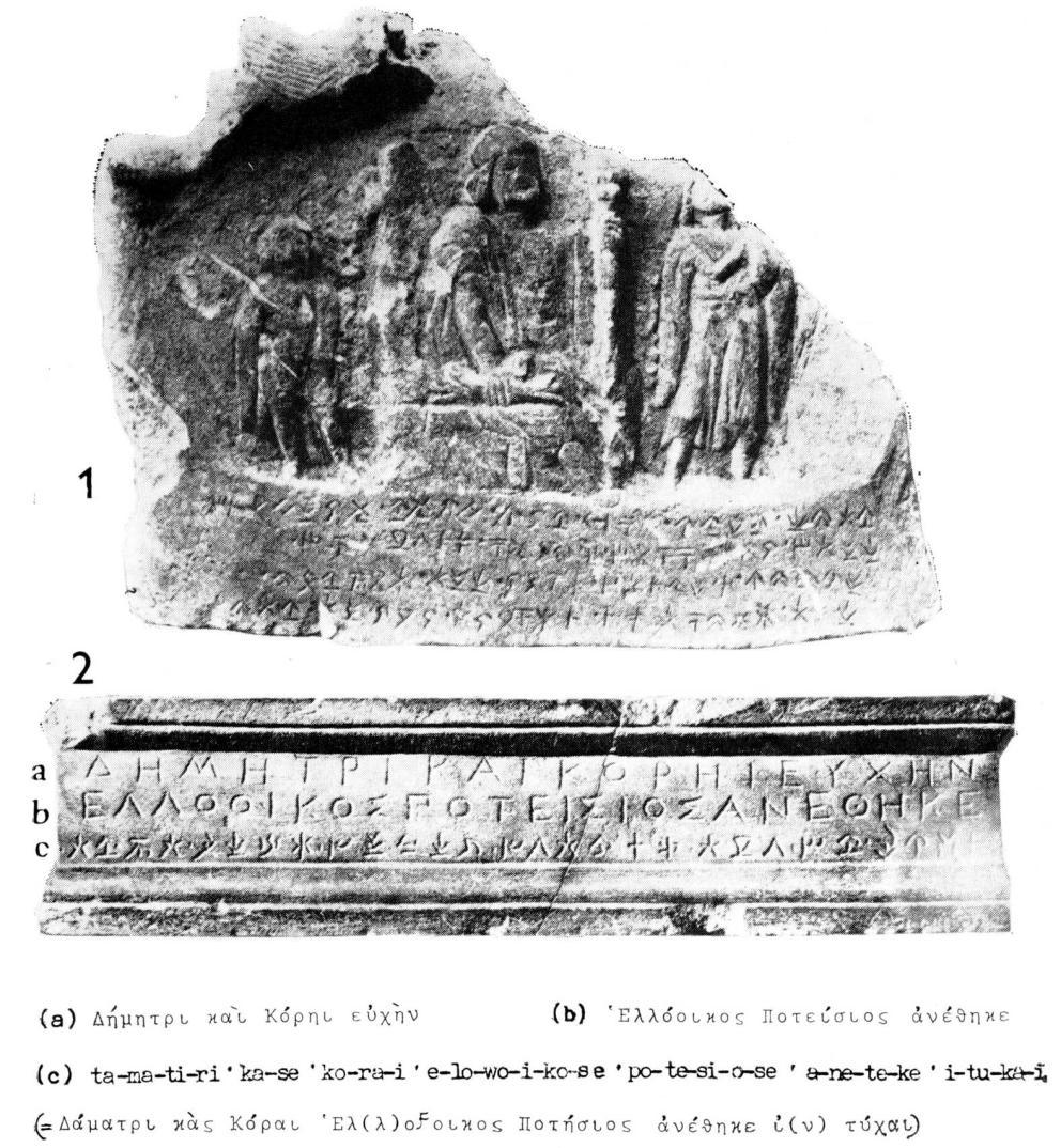 III. RANÁ EGEJSKÁ PÍSMA 63 Tab. 14. Klasické písmo kyperské: 1 reliéf s votivním nápisem z Golgoi (4. stol. př. Kr.); 2 votivní nápis z Kúria (4. stol. př. Kr.) ve znění alfabetickém (a, b) i slabičném (c).
