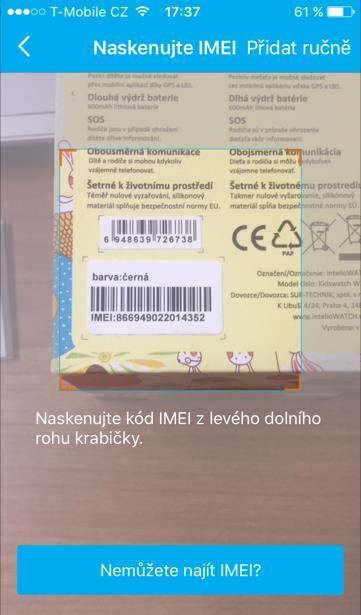 PROPOJENÍ APLIKACE S HODINKAMI 1/2 Po registraci se otevře záložka pro přiřazení hodinek k vašemu telefonu. 1) klikněte na Přidat zařízení. Automaticky se zapne kamera.