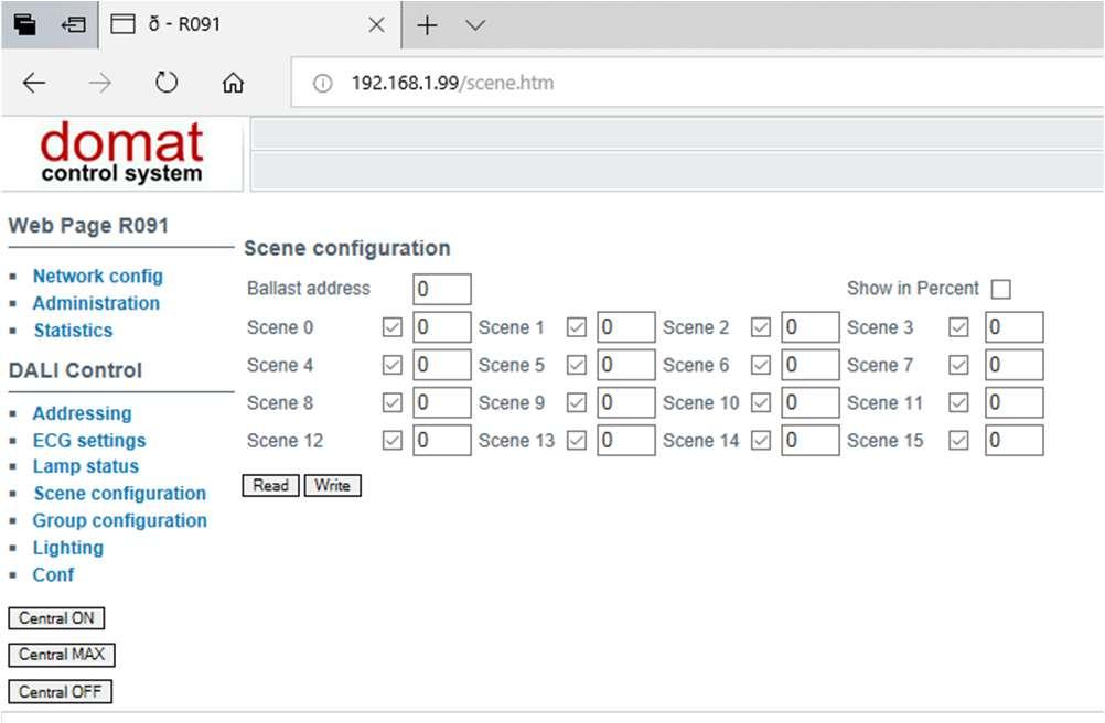 Scene configuration menu pro nastavování a čtení scén Ballast address: Zde se zadává adresa předřadníku, který se má nastavovat Read: Načte aktuální nastavení scén z předřadníku (u scén)