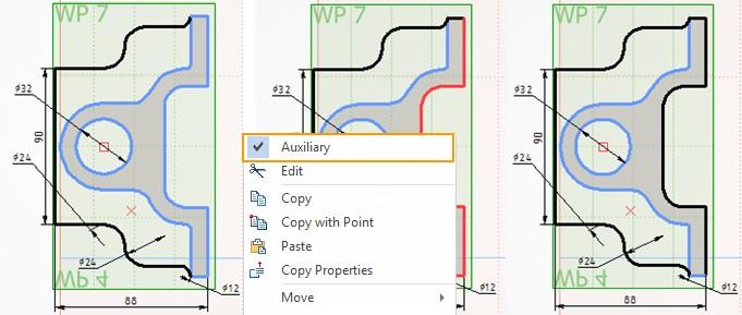 7.2 Pomocné čáry Do parametrů čar byla přidána volba Pomocná čára. Nyní, když spustíte příkaz Kreslit na čele, jsou čáry projekce zobrazeny jako pomocné.