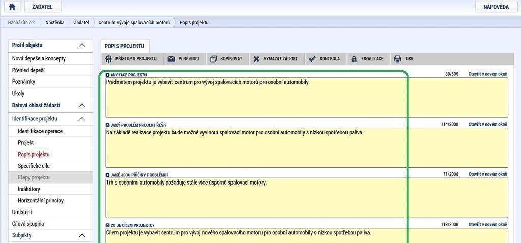 Projekt- CBA V tomto formuláři je nutné doplnit informaci týkající se CBA. Zatrhnutí checkboxu CBA se automaticky provede po navázání CBA analýzy na projektu přes Modul CBA.