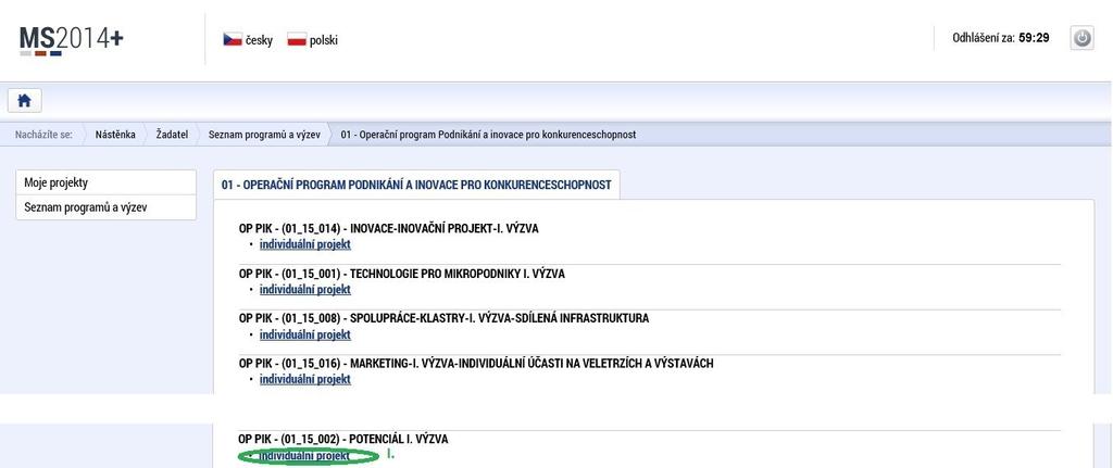 Pokračujete kliknutím na odkaz individuální projekt u OP PIK- Potenciál