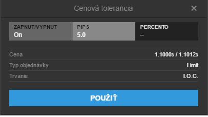 ÚPRAVA CENOVEJ TOLERANCIE Cenová tolerancia vám umožňuje určiť minimálnu cenu (pri predaji) alebo maximálnu cenu (pri kúpe), ktorú môžete akceptovať (t. j. Limit príkaz) pri zadávaní pozície.