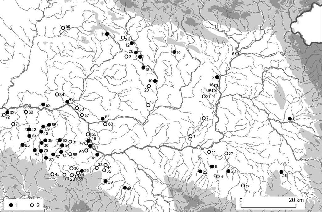 A B Obr. 0. A. Česká skupina jordanovské kultury, stav do 70. let 0. století: vlastní jordanovská keramika dle Novotný 950, soupis a mapa s. 66 67; doplněno dle Lüning 976, Abb. 0 3.