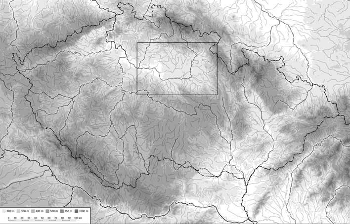 Obr. A. Česká republika, v rámečku oblast zpracovaná v této práci. Kresba redakce, podklady M. Zápotocký. Abb. A. Tschechische Republik, im Rahmen das in diesem Aufsatz behandelte Gebiet.