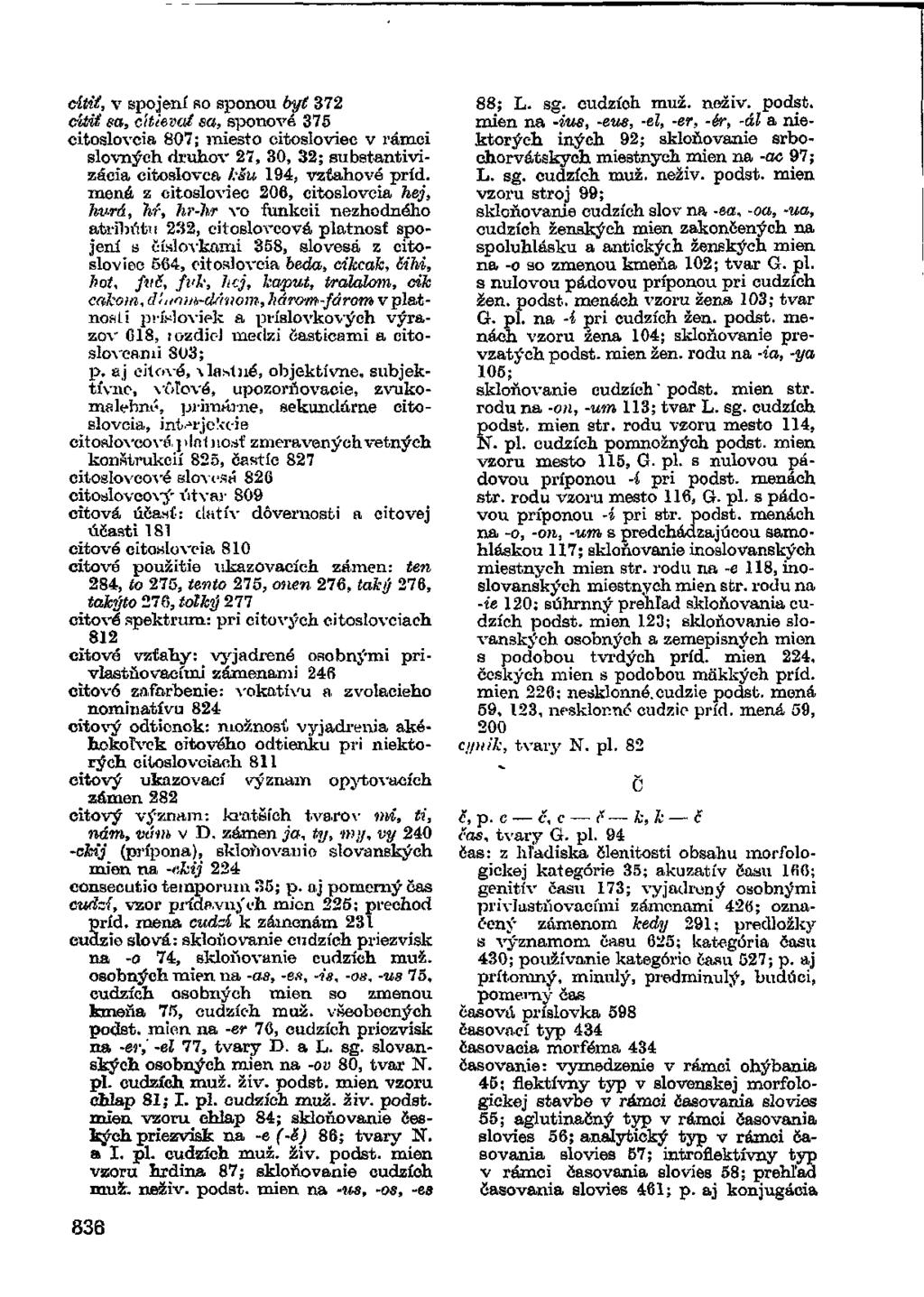 cítit, v spojení so sponou byt 372 cítit sa, c'itievcd sa, sponové 375 citoslovcia 807; miesto citosloviec v rámci slovných druhov 27, 30, 32; substantivizácia citoslovca kšu 194, vzťahové príd.