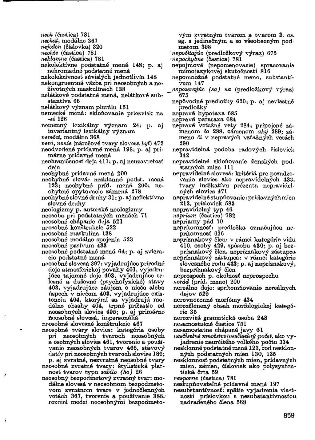 nech (častica) 781 nechat, modálne 367 nejeden (číslovka) 320 nechže (častica) 781 neklamné (častica) 781 nekolektívne podstatné mená 148; p.