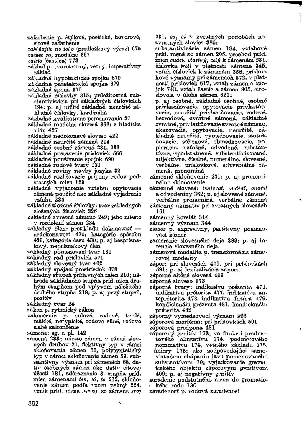 zafarbenie p. štýlové, poetické, hovorové, citové zafarbenie zahŕňajúc do toho (předložkový výraz) 675 zachce sa, modálne 367 zaiste (častica) 773 základ p.