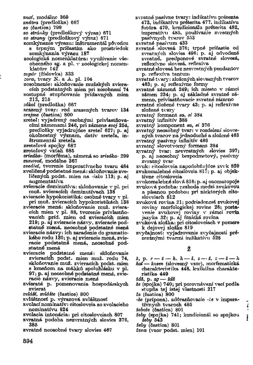 znat, modálne 369 znútra (predložka) 667 zo (častica) 799 zo stránky (předložkový výraz) 671 zo strany (předložkový výraz) 671 zomkýnanie výrazu: inštrumentál pôvodcu s trpným príčastím ako