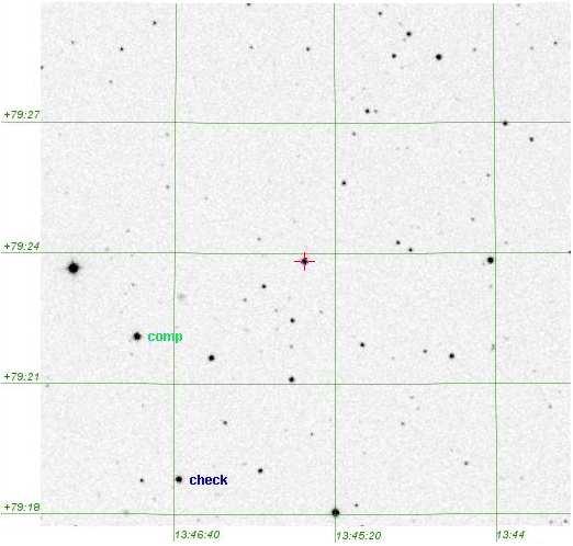 Kapitola 3 NSVS 1031772 Obr. 1: Zorné pole s NSVS 1031772 (označena červeným křížem), zdroj Digitized Sky Survey.