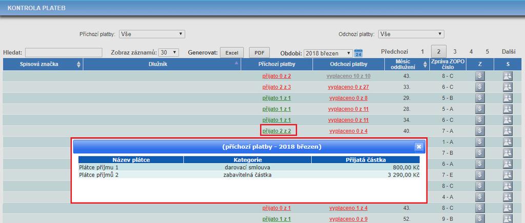 Ve sloupci Příchozí platby naleznete pro každý případ informaci o počtu přijatých a očekávaných plateb pro daný měsíc ve tvaru např.