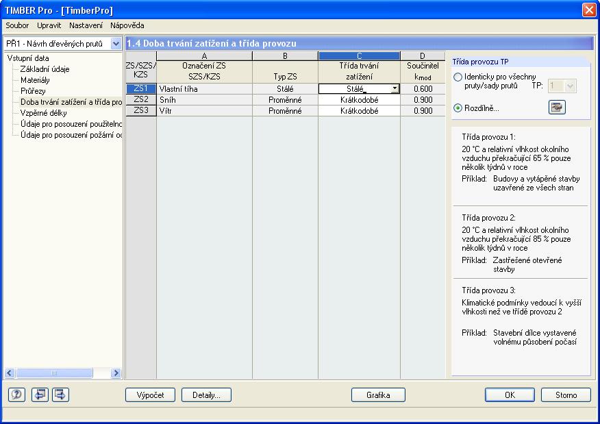 2 Vstupní data 2.4 Doba trvání zatížení a třída provozu Po zadání údajů v dialogu 1.4 stanovíme dobu trvání jednotlivých zatížení. Dále můžeme konstrukci přiřadit různé třídy provozu.