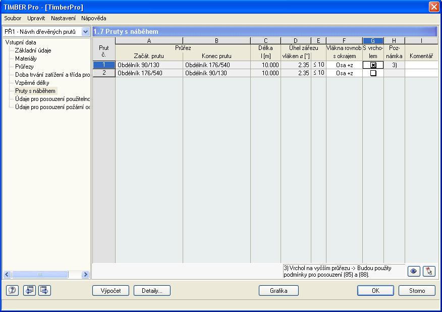 2 Vstupní data 2.7 Pruty s náběhem Pokud konstrukce obsahuje pruty s náběhy, je dialog 1.7 aktivní. V dialogu se zobrazí seznam prutů s náběhy a zkontrolují se vymezující kritéria. Obr. 2.15: Dialog 1.