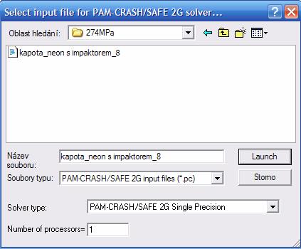V aplikaci PAM-CRASHSAFE Solver se načte vzniklý soubor *.pc a spustí výpočet tlačítkem Launch.