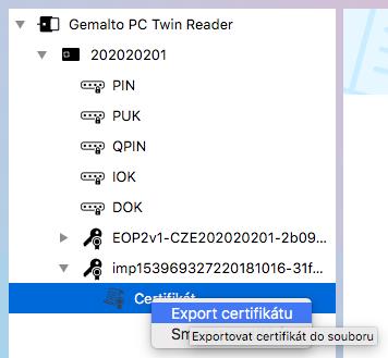 6.2 Export dat z čipu občanského průkazu Veřejná data uložená v čipu občanského průkazu lze exportovat do souboru. Pomocí Správce karty lze provést export: certifikátu, veřejné části klíče.