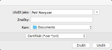 Jakmile uživatel spustí export certifikátu, zobrazí aplikace okno pro uložení souboru: Obrázek 34: Okno pro uložení certifikátu do souboru Jako název souboru je přednastaven název držitele