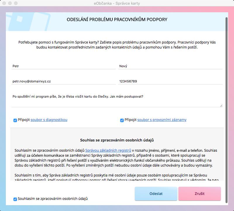 Obrázek 60: Okno pro odeslání problému pracovníkům technické podpory Před odesláním je třeba uvést informace: Kontaktní údaje: jméno, příjmení, e-mailovou adresu, telefonní číslo.