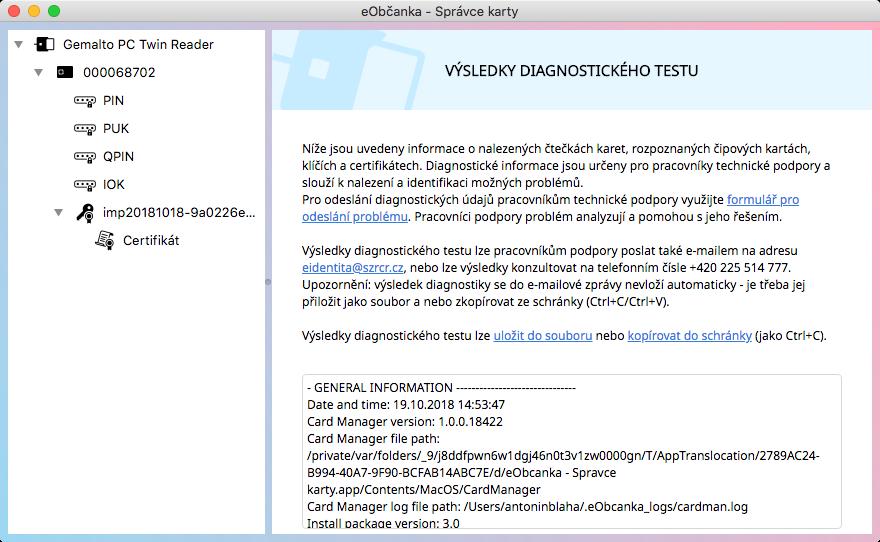 Obrázek 61: Okno s výsledkem diagnostického testu Výsledek diagnostiky lze pracovníkům technické podpory nejsnáze zaslat pomocí integrovaného formuláře (viz kapitola 8.2).