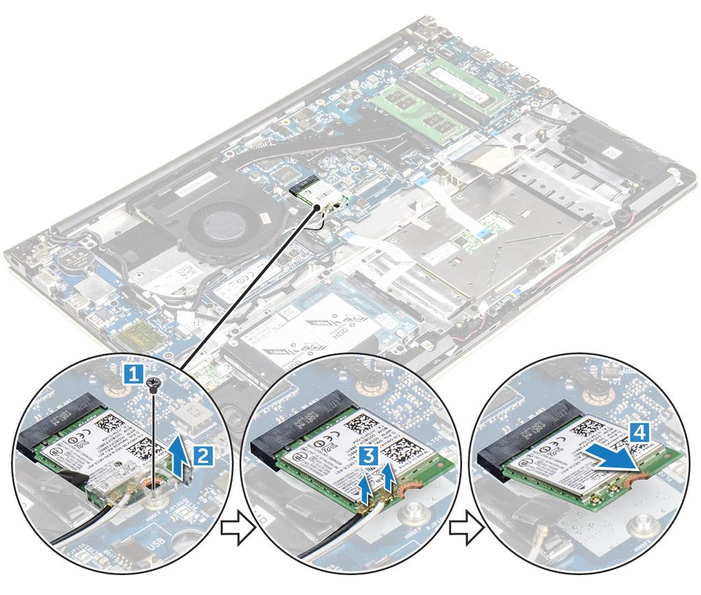 Montáž karty sítě WLAN 1 Pod úhlem 45 stupňů zasuňte kartu WLAN do konektoru. 2 Zavřete kartu WLAN plastovým krytem. 3 Zašroubujte šroub, který připevňuje kartu WLAN k počítači.