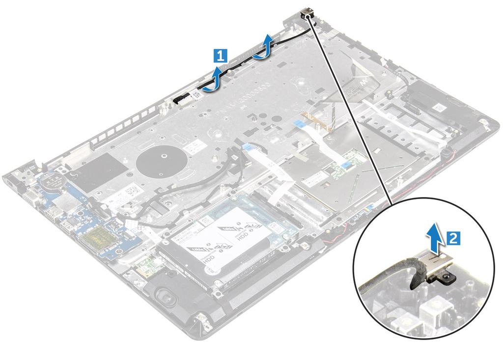 d e f g h i j panel LED systémový ventilátor sestava displeje SSD paměť, chladič základní deska 3 Postup vyjmutí konektoru napájení: a Zvedněte kabel konektoru napájení z vodítek [1].