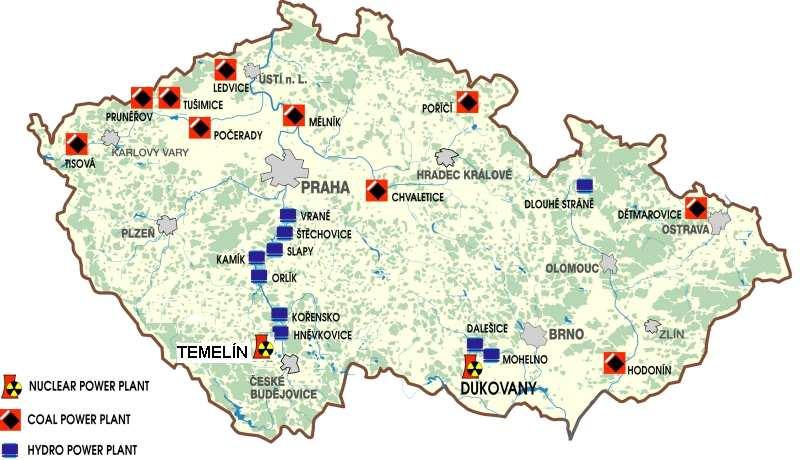 Obr. 1-1 Mapa ČR s vyznačením umístění jaderných elektráren