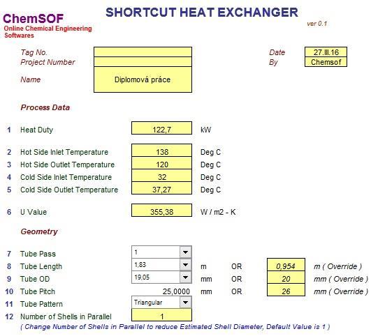 4.2.4. ChE Guide SHORTCUT HEAT EXCHANGER SIZING Tento program slouží především pro odhad velikosti pláště výměníku tepla se svazkem trubek v plášti a je založen na Kernově metodě.