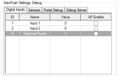 Auto push settings, Debug o Digital inputs Informace o digitálních vstupech (AP Enable = povoleni k přenosu na portál) o Sensors Informace o použitých senzorech (AP Delta - Rozdíl hodnoty pro