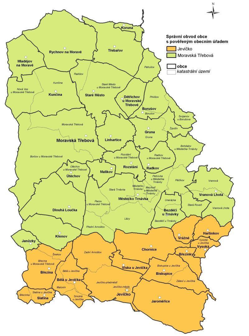 SO ORP Moravská Třebová tvoří celkem 33 obcí, které se administrativně člení na dvě části, a to na Moravskotřebovsko (21 obcí) a Jevíčsko (12 obcí), jak znázorňuje mapa č. 3. K 31.