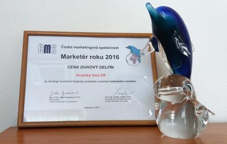 Ocenění Vinařský fond získal v soutěži Marketér roku 2016 tzv. duhového delfína. Ocenění za strategii posilující hodnotu produktů a značek tuzemského vinařství udělila porota v rámci 12.
