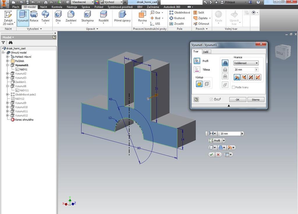 3.5 Vytvoření 3D modelu Vytvořená skica se dále využije k tvorbě konstrukčního prvku pomocí přidání objemu profilu. V nabídce je několik typů prvků, které se dají využít.