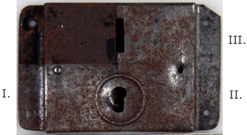5. 5. 2 Zkoušky odstranění produktů koroze na železném krytu zámku: Předdefinované hodnoty: energie 19 32 J/cm 2, frekvence 6 Hz, velikost spotu 2 mm Legenda: I.