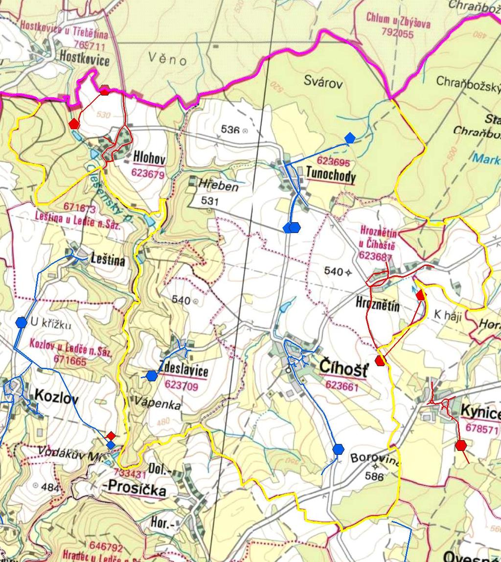 MAPA - VODOVODY Trasování sítí, lokalizace vodojemů, zdrojů, čerpacích stanic, ATS, ÚV Vodovodní řady Vodojem zemní