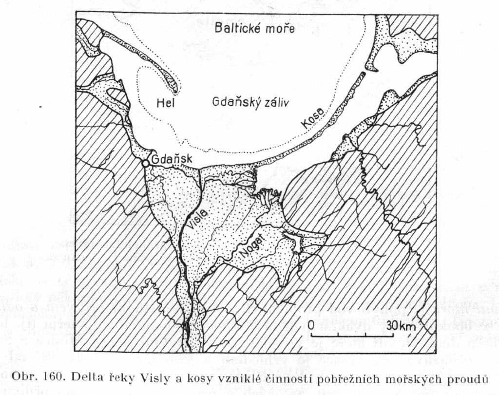 Obr. 8 Delta řeky Visly a kosy vzniklé činností pobřežních mořských proudů (převzato ze Záruba et al.