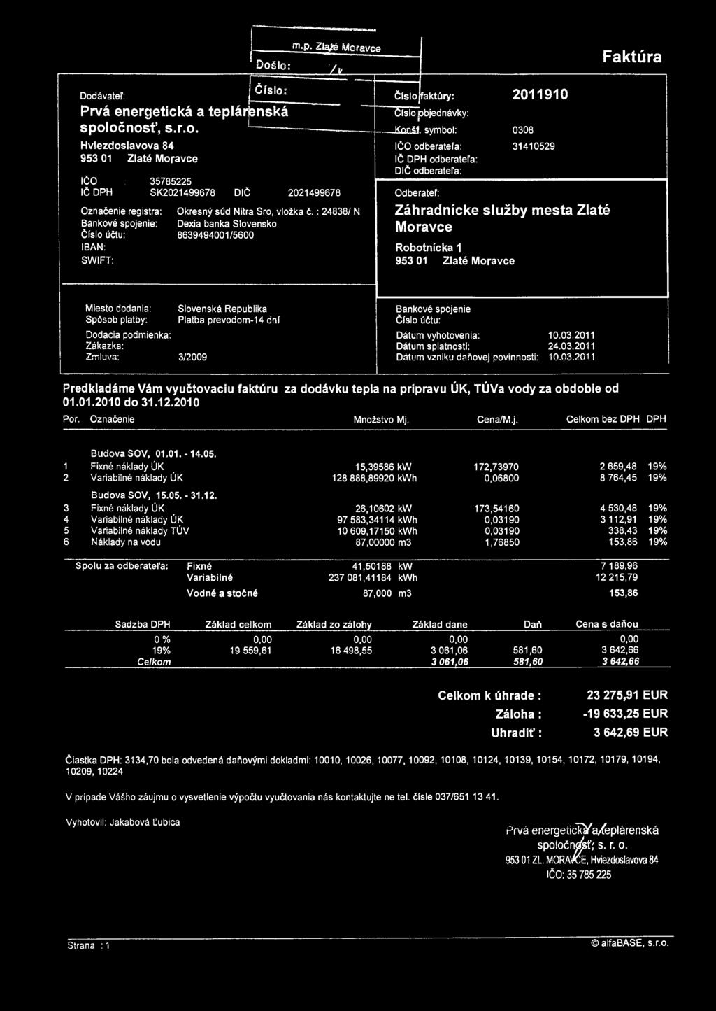 : 24838/ N Zlaté Bankové spojenie: Dexia banka Slovensko Moravce Číslo účtu: 8639494001/5600 IBAN: Robotnícka 1 SWIFT: 953 01 Zlaté Moravce Faktúra Miesto dodania: Slovenská Republika Bankové