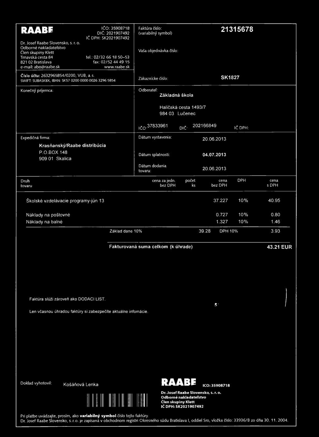 RAABE Dr. Josef Raabe Slovensko, s. r. o. Odborné nakladateľstvo Člen skupiny Klett Trnavská cesta 84 821 02 Bratislava e-mail: abo@raabe.