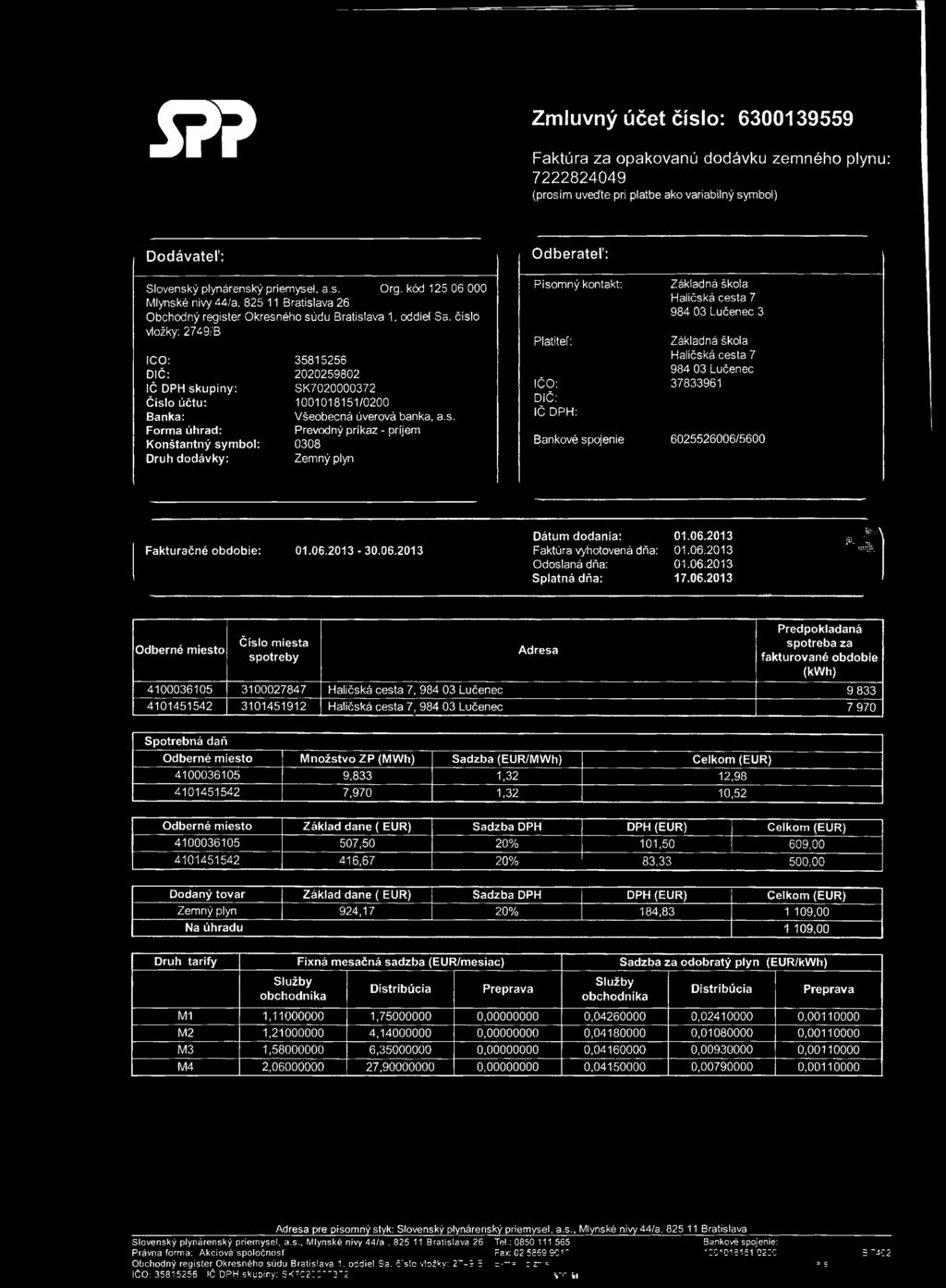 číslo vložky: 2749/B ICO: DIČ: IČ DPH skupiny: Číslo účtu: Banka: Forma úhrad: Konštantný symbol: Druh dodávky: 35815256 2020259802 SK7020000372 1001018151/0200 Všeobecná úverová banka, a.s. Prevodný príkaz - príjem 0308 Zemný plyn Písomný kontakt: Platiteľ: IČO: DIČ: IČ DPH: Bankové spojenie Haličská cesta 7 3 Haličská cesta 7 37833961 6025526006/5600 Fakturačné obdobie: 01.