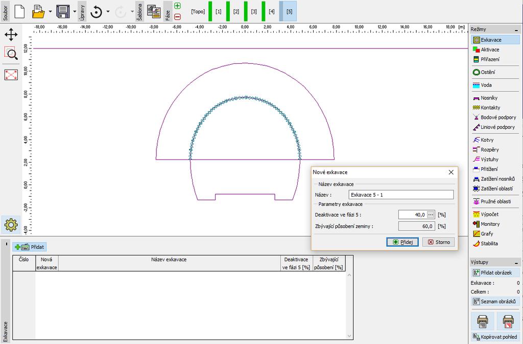 Dialogové okno Nové exkavace Fáze budování 5 Poznámka: Pro následující fáze budování je postup modelování této úlohy obdobný.