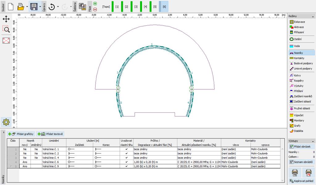 Fáze budování 6: vyztužení stěn opěří tunelu primárním ostěním z mladého betonu V 6. fázi budování zadáme vyztužení stěn opěří pomocí primárního ostění tloušťky 200 mm z mladého stříkaného betonu.
