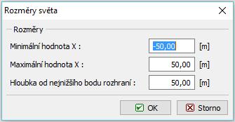 Dále zadáme velikost numerického modelu řešené úlohy a rozhraní terénu. Pro tuto úlohu zvolíme rozměry modelu 50 m; 50 m, vyšetřovanou hloubku vrstvy zadáme 50 m.