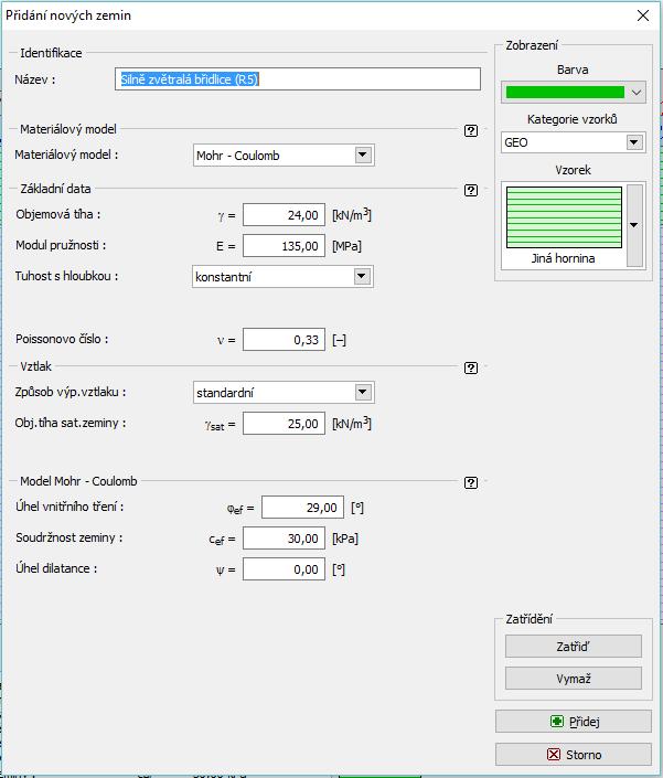 Dialogové okno Přidání nových zemin Pro všechny vrstvy zemin a hornin uvažujeme úhel dilatance