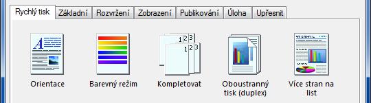 Tisk > Tisk z aplikací Obrazovka pro nastavení ovladače tiskárny Obrazovka pro nastavení ovladače tiskárny umožňuje nakonfigurovat různé možnosti nastavení pro tisk.