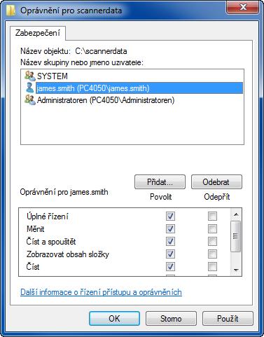 Odesílání > Příprava pro odeslání dokumentu do počítače 8 3 Kontrola [Path] (cesty) Zvolte přidaného uživatele a vyberte povolení pro Upravování a Čtení a provádění.