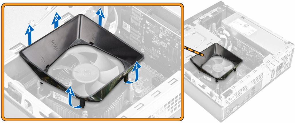 Instalace krytu ventilátoru chladiče 1. Zarovnejte výčnělky na krytu ventilátoru se sloty na chladiči. 2. Spouštějte kryt ventilátoru na chladič, dokud se pevně neusadí. 3. Nasaďte kryt. 4.