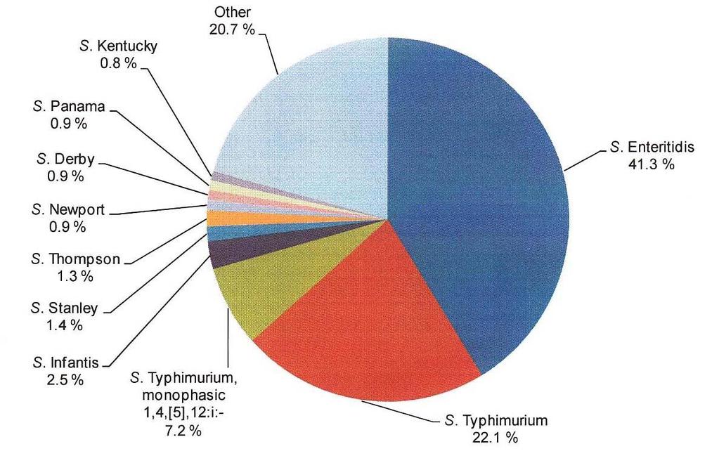 Serotypizace salmonel - více než 2600 serovarů (prevalence může v čase měnit, některé jsou druhově specifické,