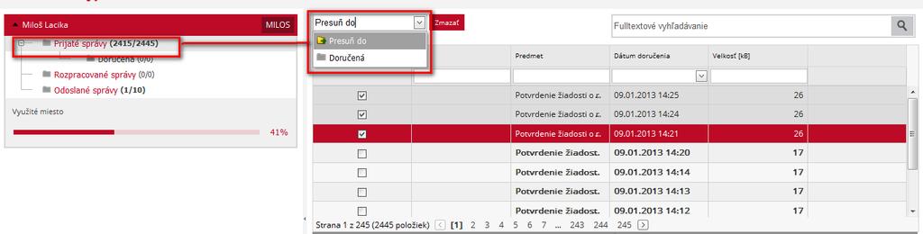 Príklad na obrázku: Používateľ presúva správy v hlavnom priečinku Prijaté