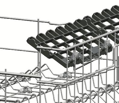 Podpěra na skleničky v horním košíku (podle modelu) Když vkládáte sklenice na dlouhé nožce nebo sklenice na víno, neopírejte je o sebe, ale o okraj košíku nebo o přihrádku (1).