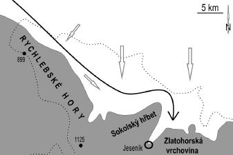 Obr. 2: Bíle: zaledněná oblast, šedě: nezaledněná oblast. Černá šipka: směr postupu pevninského ledovce podle Gáby (1981). Bílé šipky: směr postupu ledovce podle tohoto článku. Fig.