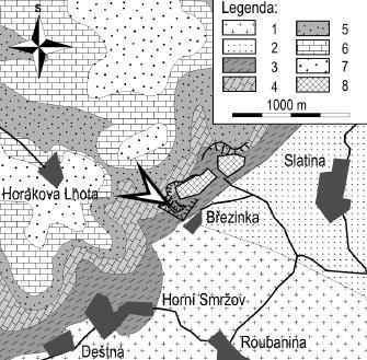 Kenozoikum Obr. 1: Poloha studované lokality (vyznačena šipkou) na odkryté geologické mapě (upraveno podle Mísaře et al. 2001).
