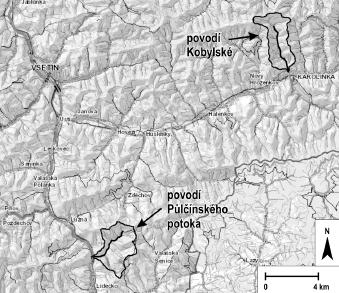 Kenozoikum Obr. 1: Lokalizace studovaných vodních toků a jejich povodí v Hostýnsko-vsetínské hornatině a Javornících (zdroj podkladových dat: http://geoportal.cenia.cz/). Fig.