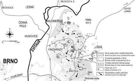 Kenozoikum Obr. 1: Situace a pozice vrtů. Fig. 1: Situation and position of the boreholes. Obr. 2: Izoliniový model průběhu paleoúdolí přes Vinohrady (vrstevnice po 10 m). Fig. 2: Isoline model of the paleovalley course through the Vinohrady (the contour interval 10 m).